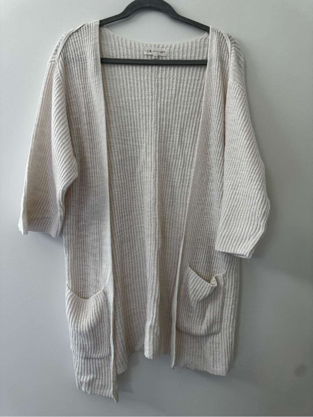 LOFT Lou & Grey Open-Front Ribbed Long Cardigan in Light Cream
